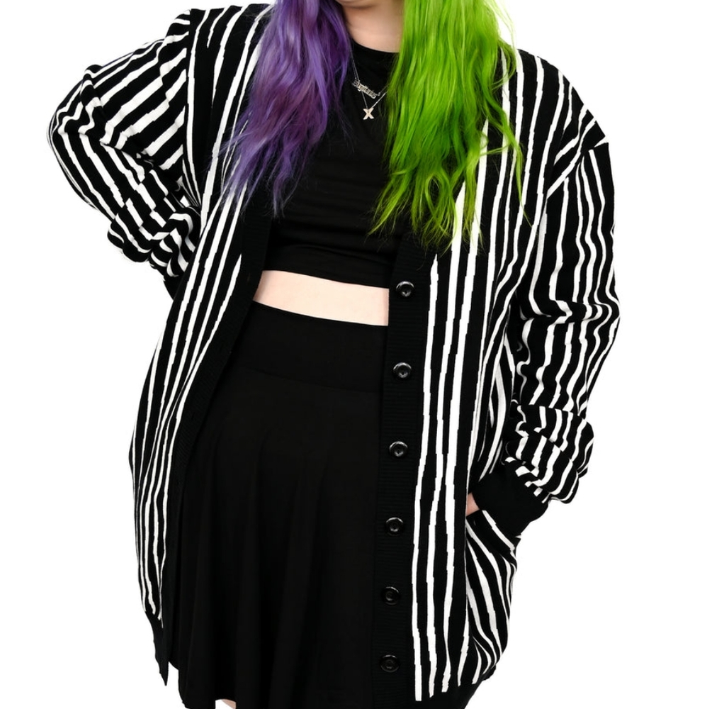 Striped Open-Front Cardigan Sweater - Black & White